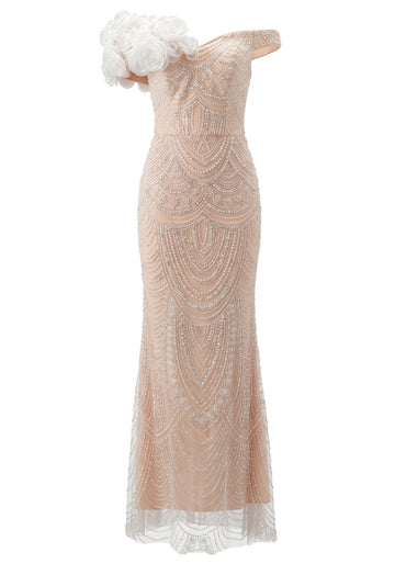 Floral Bardot Pearl Sequin Maxi Dress Pink