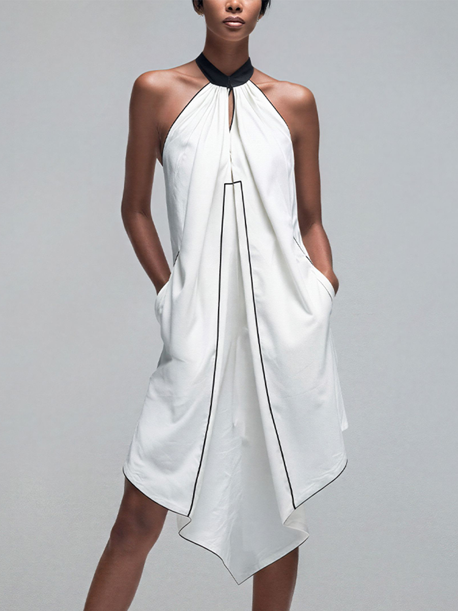 Women’s White Cotton Blend Halter Neck Asymmetrical Tunic Top With Black Contrast Piping MDZ2704D0T