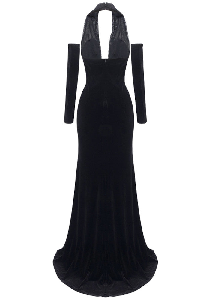 Long Sleeve Halter Lace Maxi Velvet Dress Black