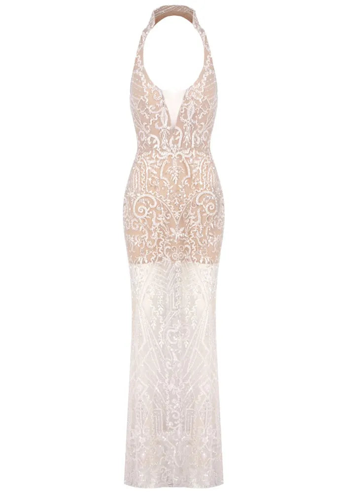 Halter Embellished Lace Maxi Dress Nude