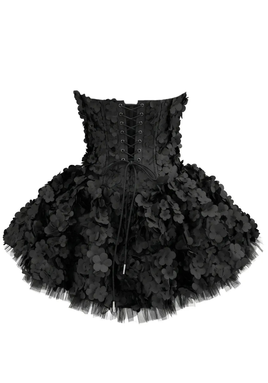 Strapless Floral Petal A Line Corset Dress Black