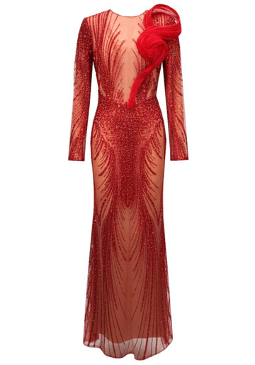 Long Sleeve Sequin Mesh Maxi Dress Red