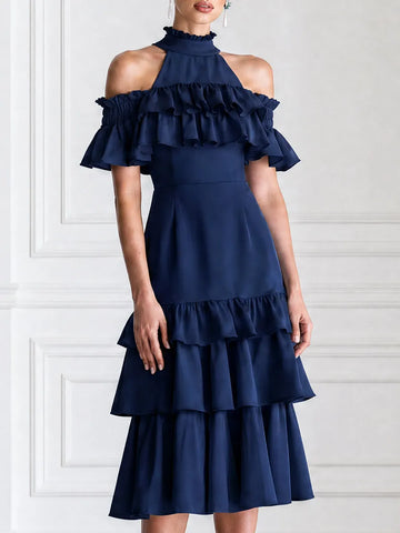 Elegant Cold Shoulder Smocked Ruffle Layered Cake Midi Dress