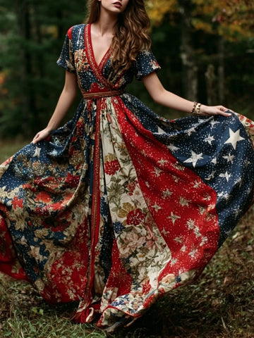 Women's Retro American Flag Floral Print V-neck Short-sleeve Dress