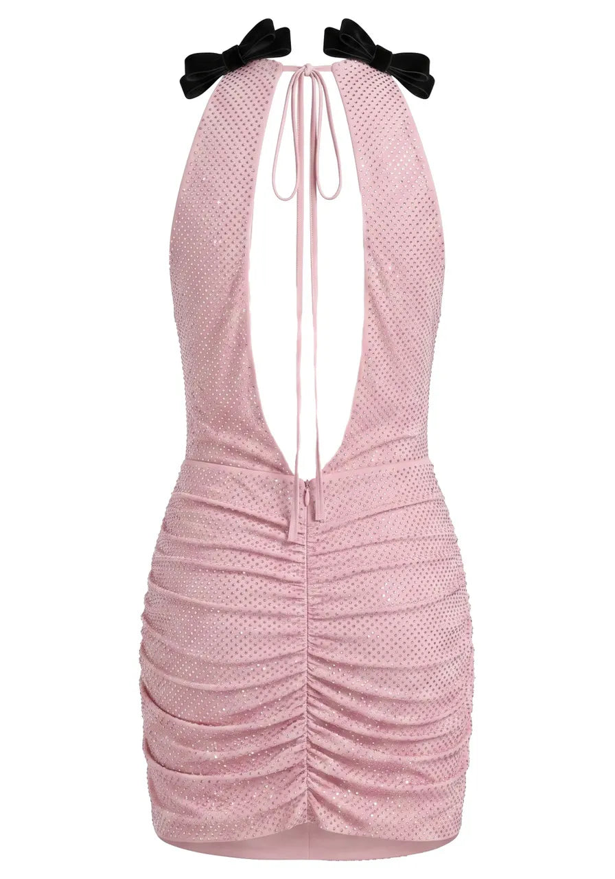 Embellished Draped Bow Detail Dress Pink