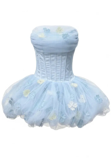 Strapless Floral Corset Bubble Dress Blue