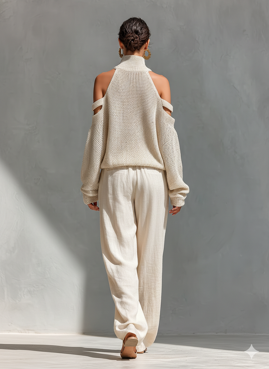Women’s Beige Openwork Knit Cold Shoulder High Neck Sweater MDZ1262A7T