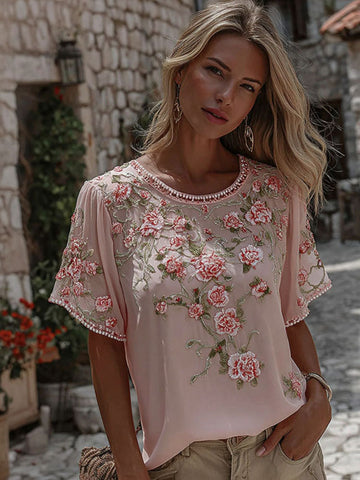 Women's Floral Vine Art Embroidery Cotton Linen Round Neck T-shirt