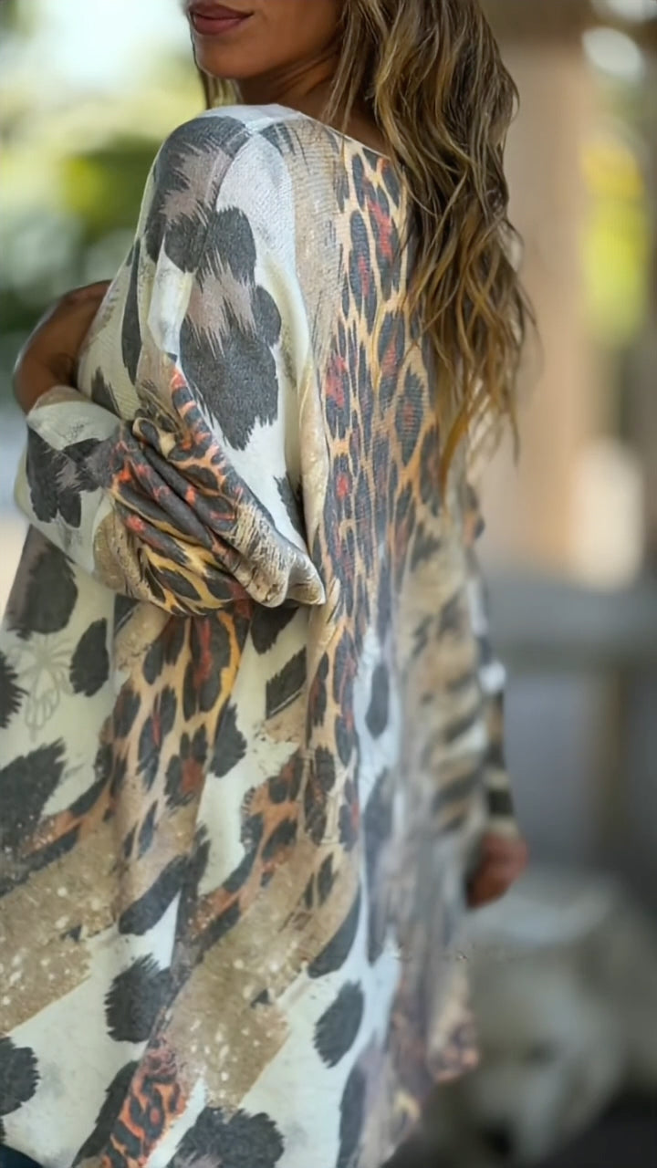 Leopard Print V-Neck Loose Long Sleeve Blouse