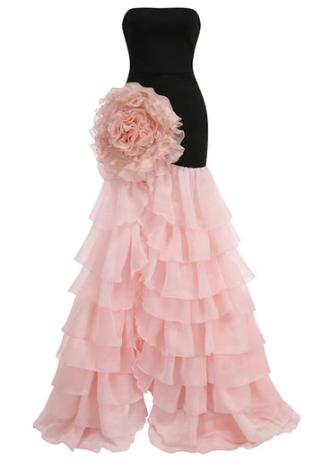 Strapless Floral Ruffle Maxi Dress Black Pink