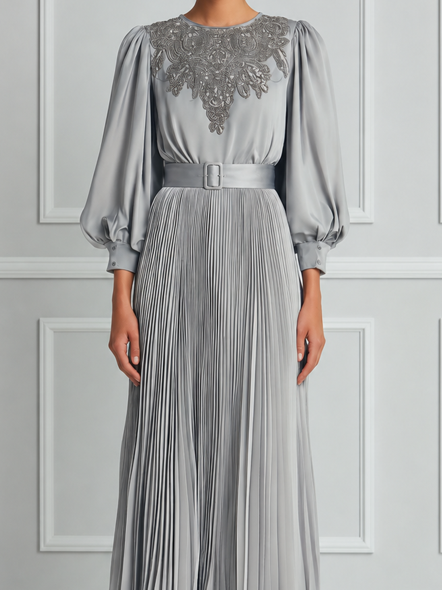Silver Grey Pleated Maxi Dress With Lace Paneling And Puff Sleeves