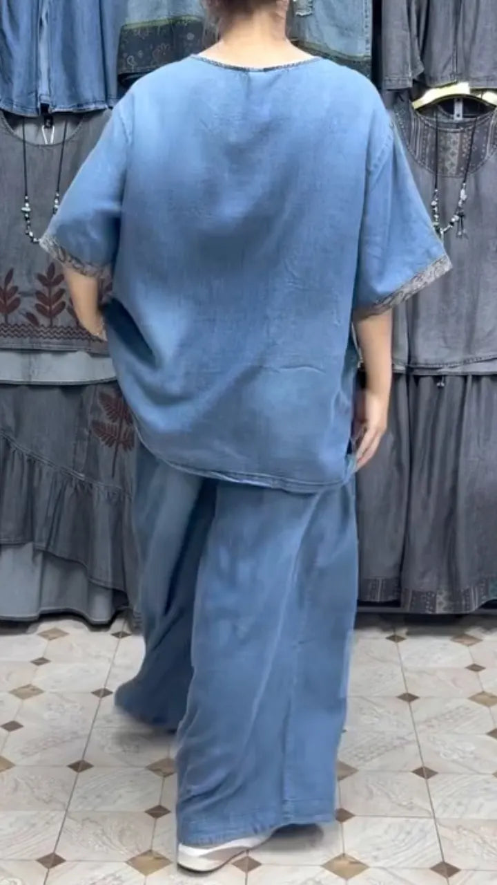Denim Loose Top & Wide Leg Pant 2 Piece Set