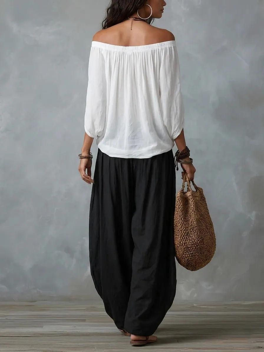 White Off-the-shoulder Top And Loose-fitting Lantern Pants Set