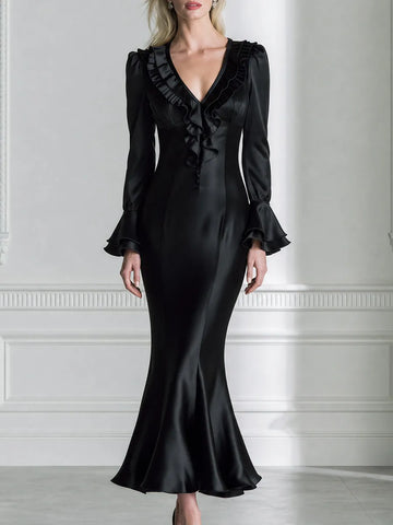 Satin Plunge Ruffle-Neck Flare-Cuff Mermaid Maxi Dress