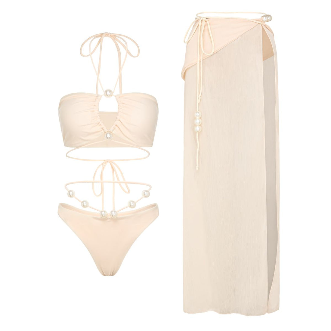 Halterneck Pearl Bandeau High Waist Bikini Swimsuit and Sarong