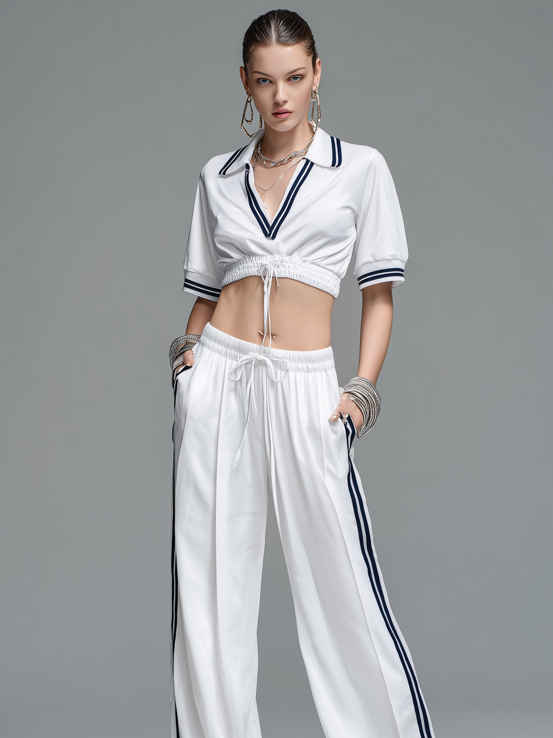 Women's Casual Sporty Style White Stretch-Knit V-Neck Long-Sleeve Top And Trousers Set MDZ2405D7LXY