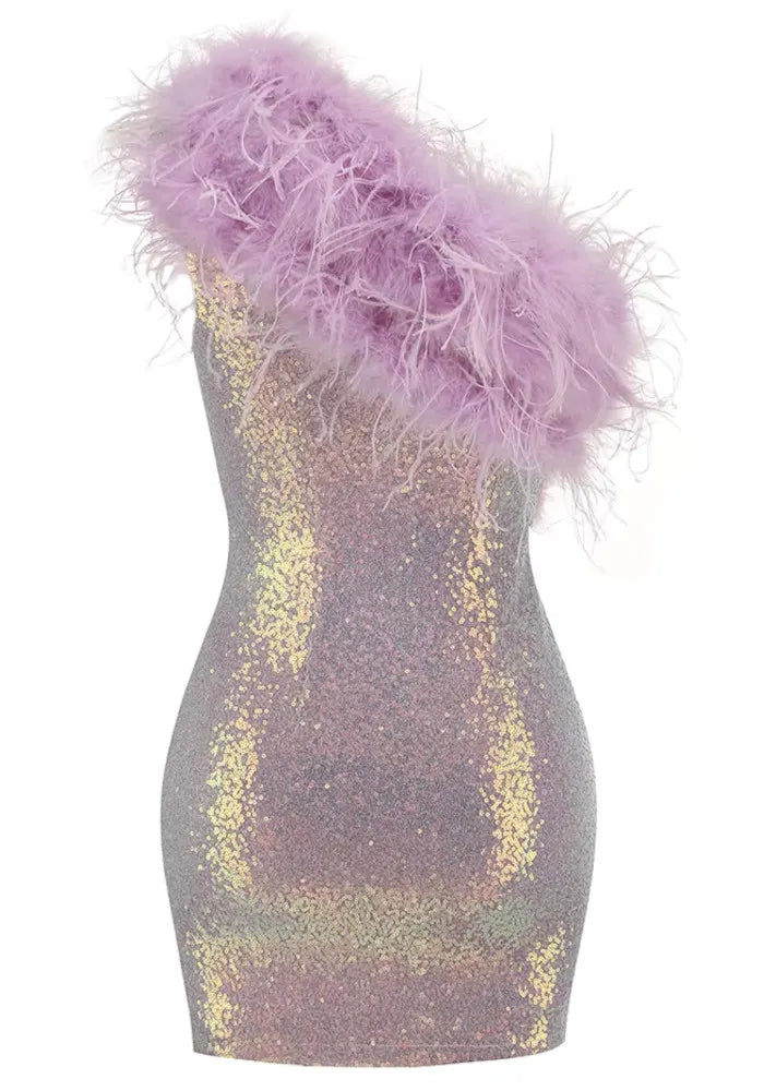 One Shoulder Feather Sequin Dress Lavender