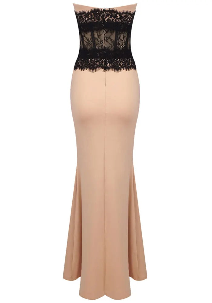 Strapless Lace Maxi Dress Nude Black