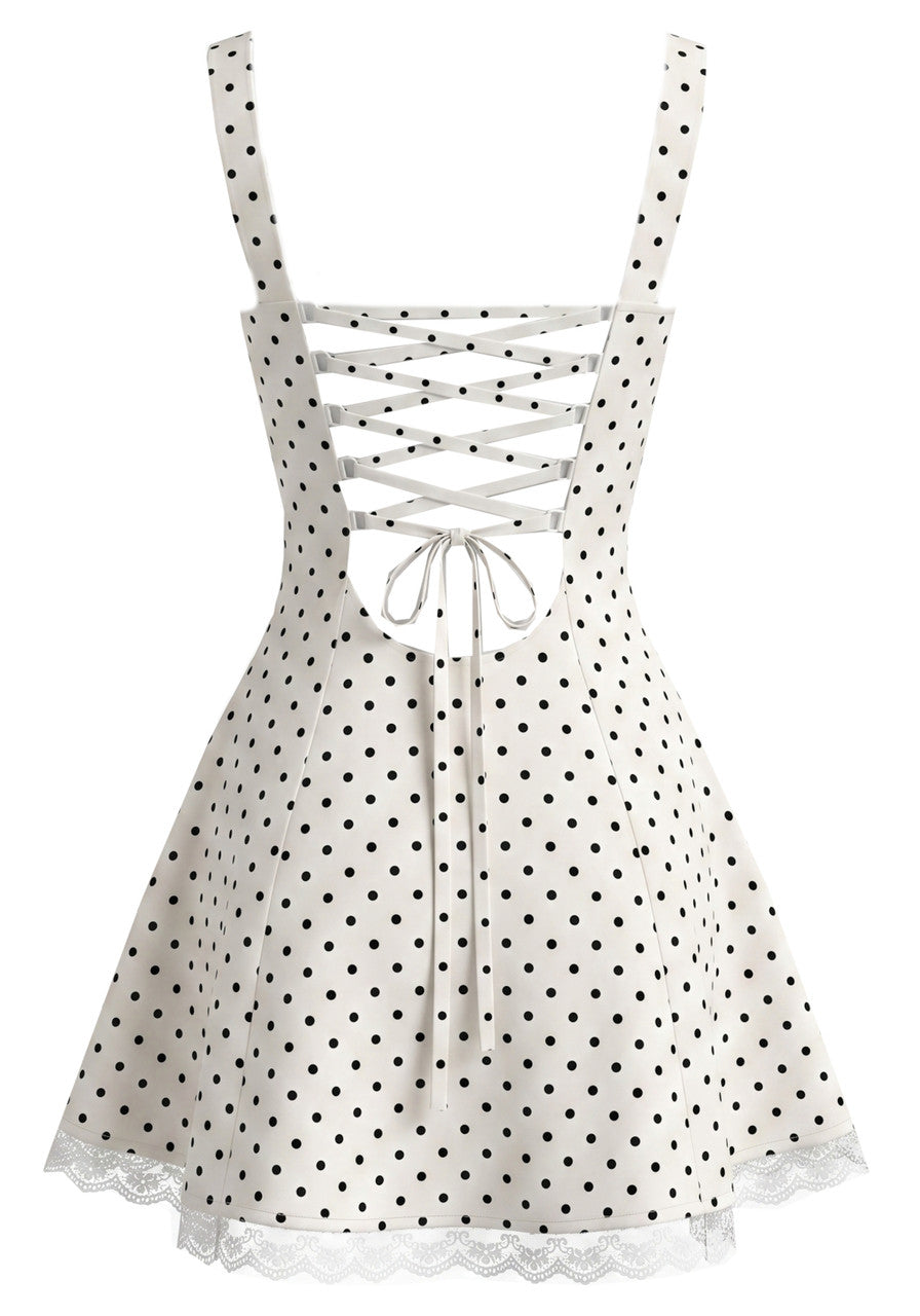 Polka Dot Lace Insert A Line Corset Dress Ivory