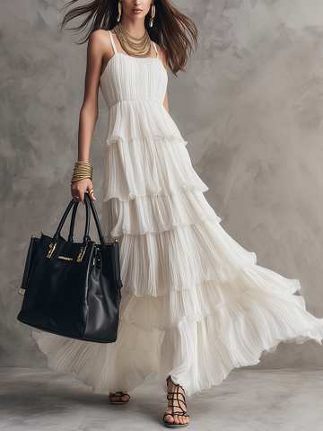 Ethereal Ivory Pleated Tiered Cami Maxi Dress