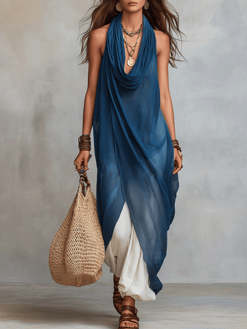 Bohemian Ocean-Blue Draped Halter Maxi Dress