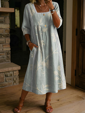 Women's Folk Printed Square Neck Hollow Cotton Pocket Dress