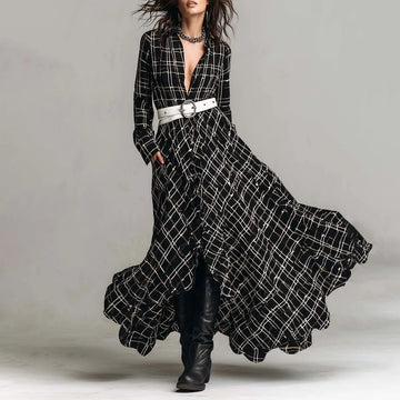 Elegant Chiffon Plaid Long Shirt Maxi Dress