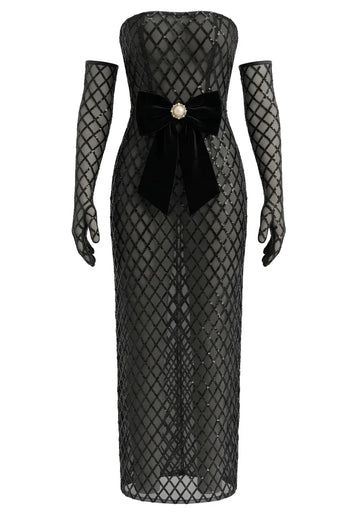 Strapless Bow Detail Sequin Maxi Dress Black