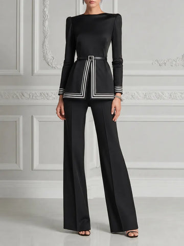 Black Contrast Stripe Belted Peplum Top & Flare Pants Set