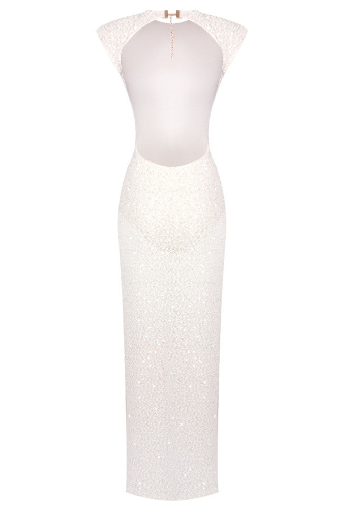 Embellished Backless Maxi Dress White