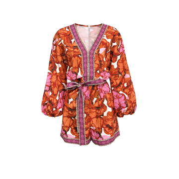 Orange Floral Balloon Sleeve Wrap Romper