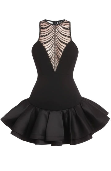 Sequined Mesh Ruffle Dress Black