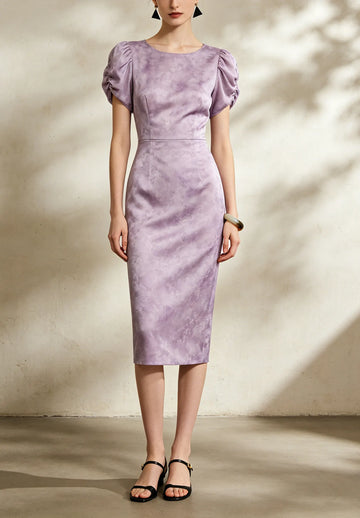 Women's Purple Tie-Dye Bishop Sleeve Bodycon Midi Dress