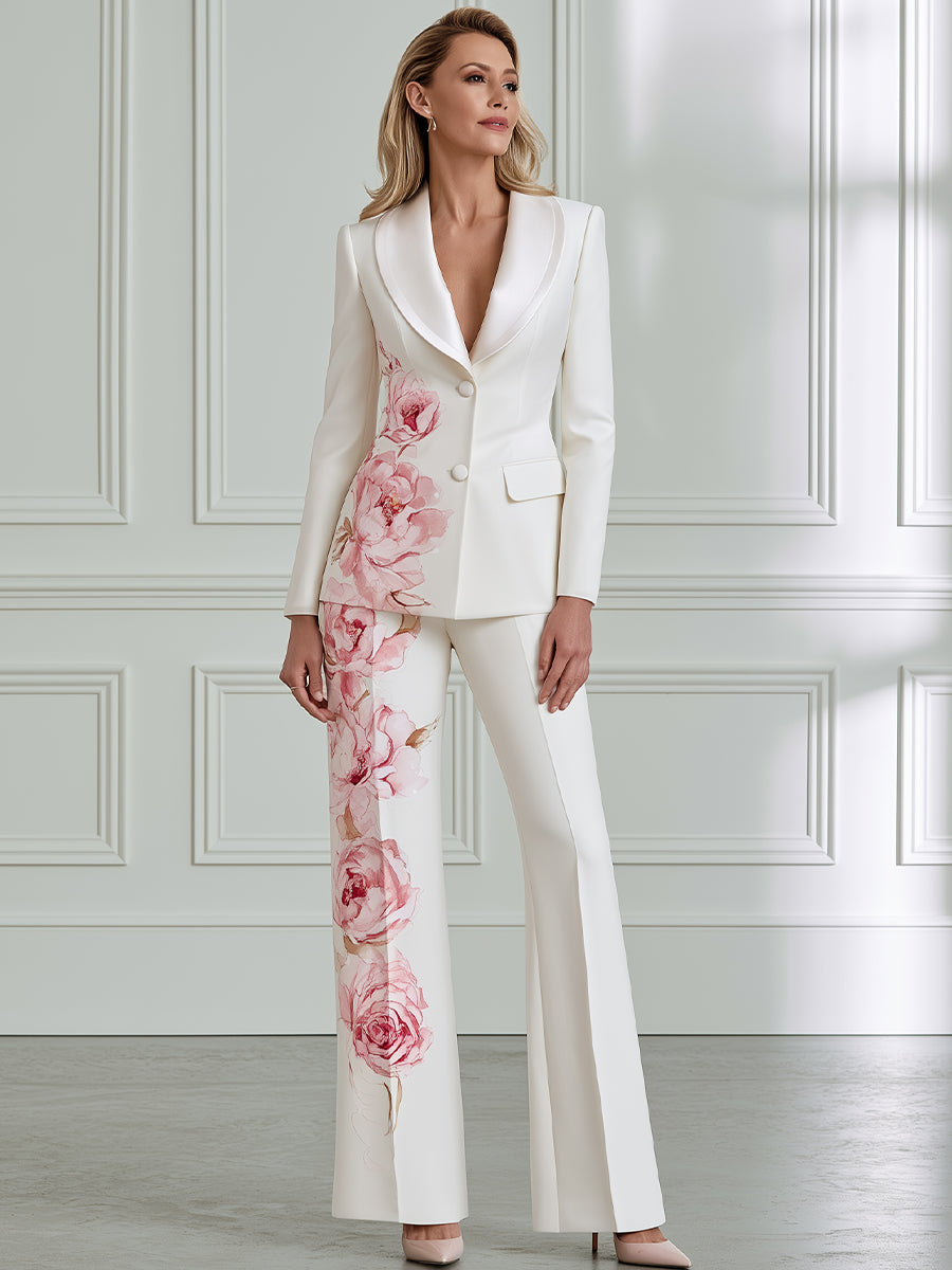 Watercolor Rose Print Tailored Blazer And Flared Trouser Two-Piece Set