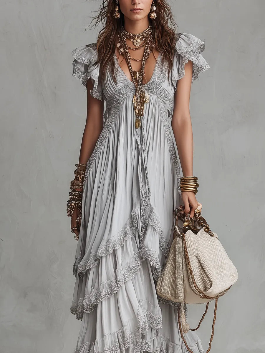 Romantic Lace Trimmed Layered Bohemian Maxi Dress