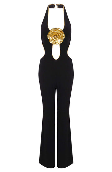 Halter Floral Jumpsuit Black Gold