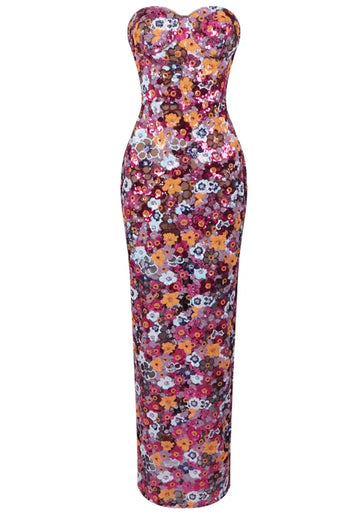 Strapless Floral Bustier Maxi Dress Hot Pink Yellow