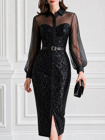 Square Buckle Belt Sweetheart Sequin Glitter Midi Dress