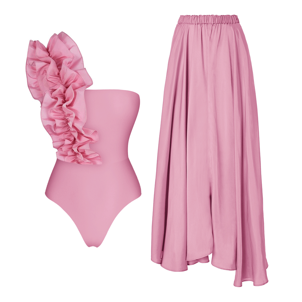 One Shoulder Ruffle Solid Color One Piece Swimsuit and Skirt