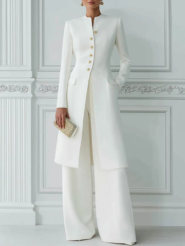 Stand Collar Gold Button Longline Blazer & Wide-Leg Pants Two-Piece Suit Set