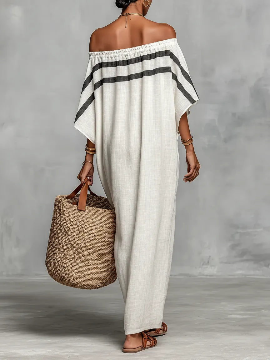 Women's Minimalist Linen Blend Off-the-shoulder Batwing Sleeve Straight-cut Maxi Dress MDZ0949A8Y