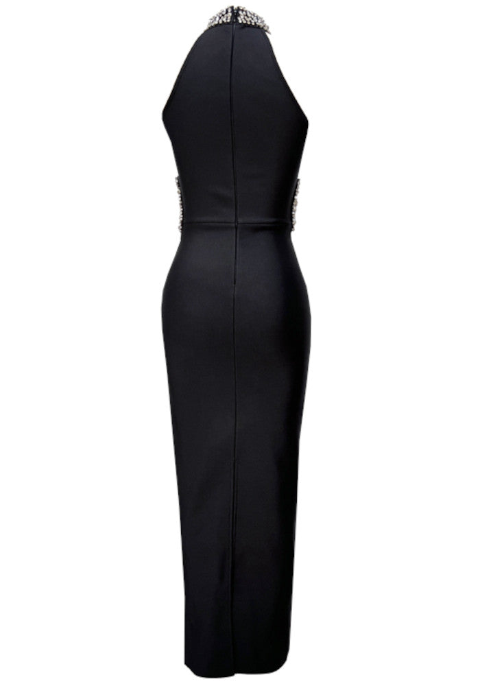 Halter Crystal Mesh Maxi Dress Black