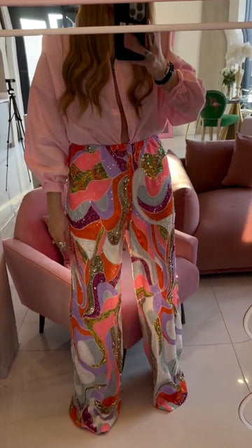 Women's Shirt & Colorful Sequin Trousers Set