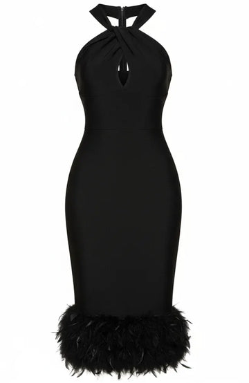 Halter Feather Detail Midi Dress Black