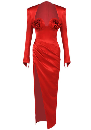 Long Sleeve Floral Maxi Two Piece Dress Red
