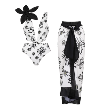 Flaxmaker Shoulder Flower Decor Printed One Piece Swimsuit and Sarong