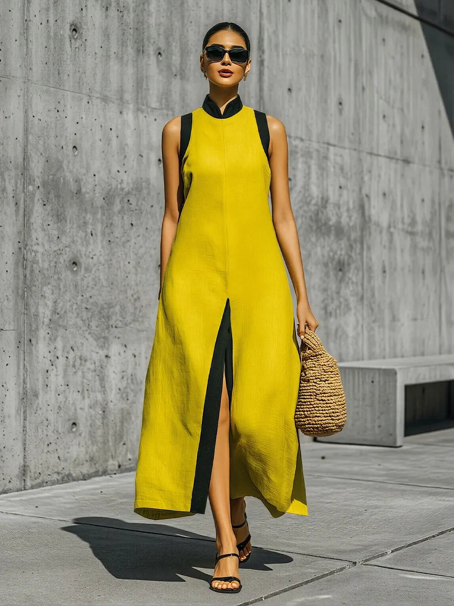 Women's Yellow Linen-Blend Maxi Dress With Contrast Black Trim & High Slit, Women's Citron Linen Dress MDZ2766D3LYL