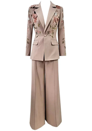 Long Sleeve Sequin Floral Suit Brown