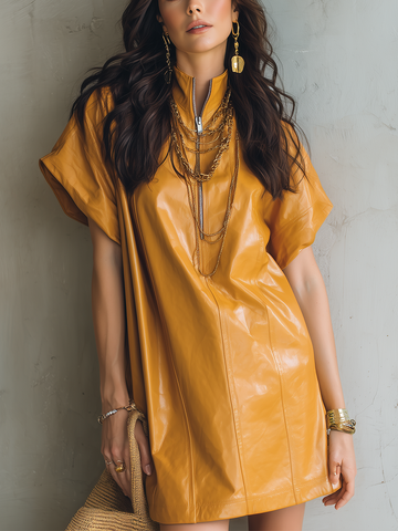 Honey Yellow PU Short-sleeved Dress