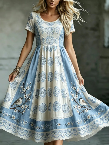Women's Retro Japanese Cherry Blossom And Bird Patchwork Artistic Casual Dress
